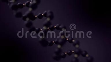 在深紫色背景上旋转的模糊紫色DNA链的抽象动画。 生物技术概念。